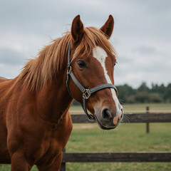 Obraz premium A chestnut horse with a white blaze stands in a pasture.