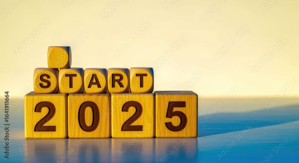 Poster start 2025 concept: wooden blocks arranged with text displaying beginning of new year, goal setting,
