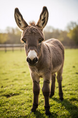 Fototapeta premium Young donkey standing in a grassy field. Close up of a small brown donkey looking forward on green grass.