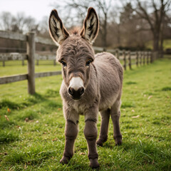 Young donkey standing in a grassy field. Close up of an adorable baby donkey looking forward.