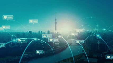 An aerial view of a bustling city skyline with a digital overlay of social media icons and notifications, such as likes, comments, and messages.  - Powered by Adobe