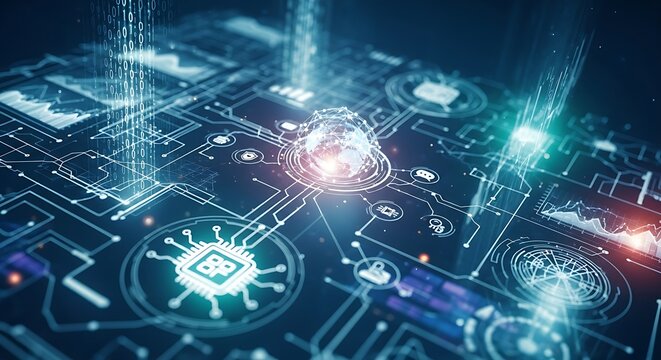 Abstract technology circuit board with digital globe and binary code overlay illustration