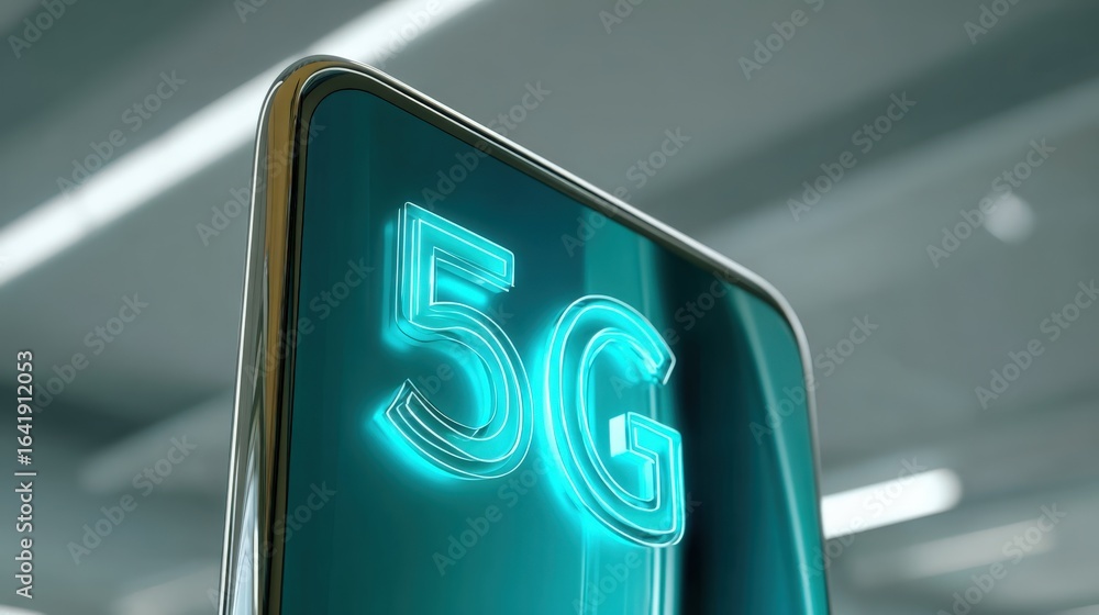 Aufkleber closeup of smartphone displaying glowing '5g' technology icon, representing next-generation wireless