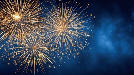 Fototapeta premium Golden Fireworks Exploding on a Dark Blue Night Sky for Celebrations and Festive Occasions
