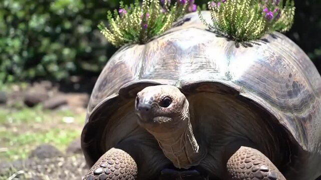 Tortoise with flower-filled planter on its shell