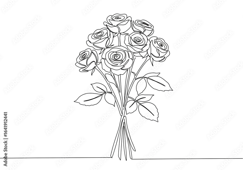 Poster a line drawing of a bouquet of roses with leaves and stems on a white background with a simple line