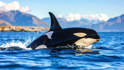 Fototapeta premium Orca Whale Leaping Through Bright Blue Ocean Water with Mountainous Background