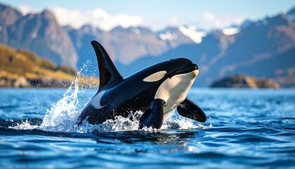 Fototapeta premium Orca Whale Leaping Out of Ocean Water with Mountainous Landscape in Background
