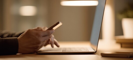 The person using a smartphone while working on a laptop in an office setting.