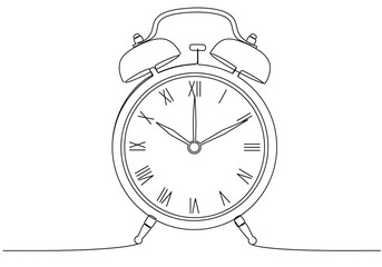 A line drawing of a vintage alarm clock with roman numerals and bells on top against a white background