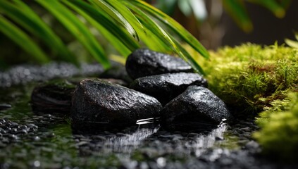 Wet, dark stones piled with moss and greenery on a reflective surface