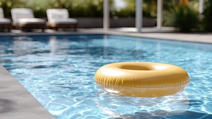 A bright yellow inflatable ring drifts serenely on clear blue water while sunlight glimmers and sparkles on its surface during summer