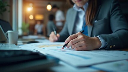 Focused business professional reviewing diagrams and charts with pen in a modern office - Powered by Adobe