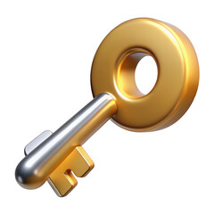 3d golden key with silver shaft isolated on transparent background