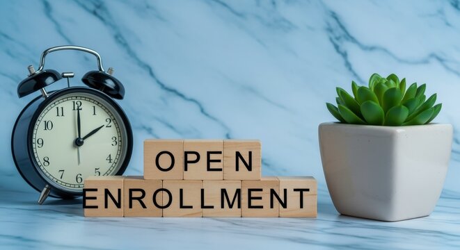 Open Enrollment Reminder with Clock and Plant on Marble Background for Insurance or Healthcare