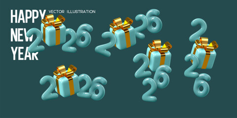 Set of 2026 New Year numbers with gift box. Teal color with gold bow. 3d elements for New Year and Christmas design. Vector illustration.
