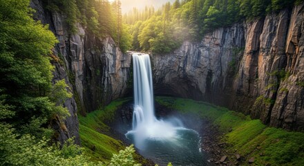 Majestic Waterfall in Lush Forest - Breathtaking view of a tall waterfall cascading into a vibrant green pool, surrounded by towering cliffs and lush forest