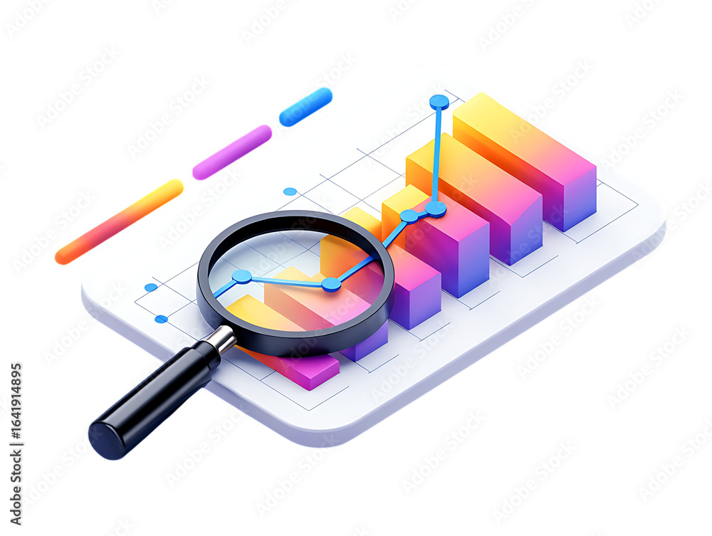 Wall mural financial data analysis concept with a vibrant bar and line graph chart on a white pad and magnifyin