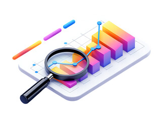 Financial data analysis concept with a vibrant bar and line graph chart on a white pad and magnifying glass.