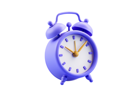 Vibrant Purple Retro Alarm Clock Icon with White Face and Golden Hands