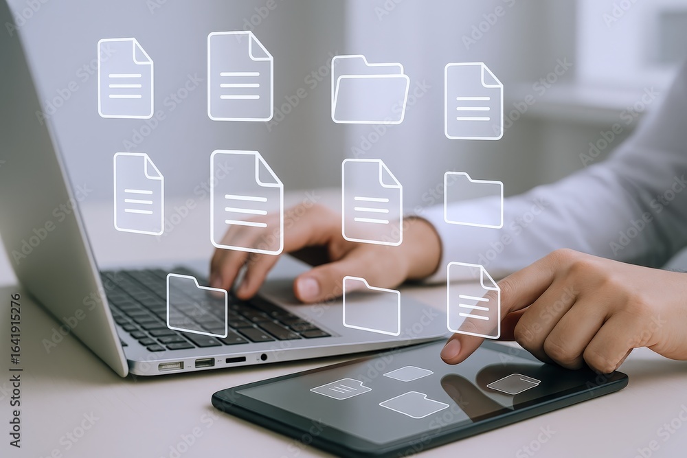 Poster digital document management: hands on laptop and tablet with virtual file icons