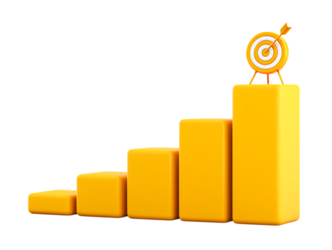 Bright yellow ascending bar graph depicting business growth towards a clear target goal.