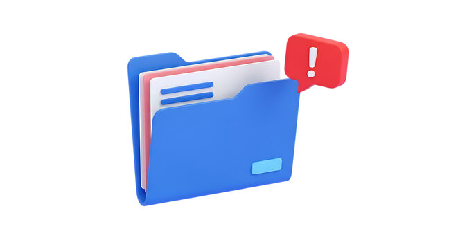 3d icon of blue folder with documents and a red alert notification, isolated on transparent background