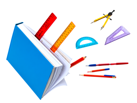 Dynamic arrangement of a blue open book with colorful rulers, compass, and writing tools for education.