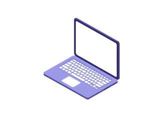 Minimalist isometric light purple 3D laptop computer with a blank screen representing technology and work.