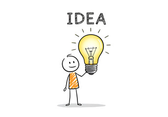 Stick figure holding a glowing light bulb with the word idea above it on a white background drawing