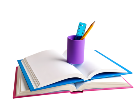 Colorful Stack of Open 3D Books with a Purple Pen Holder, Ruler, and Yellow Pencil for Education