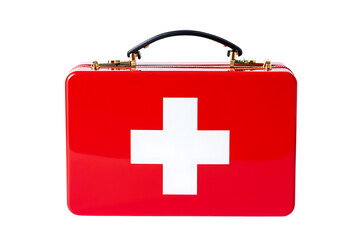Obraz premium Bright Red Glossy First Aid Kit with a Prominent White Cross for Emergency Medical Care
