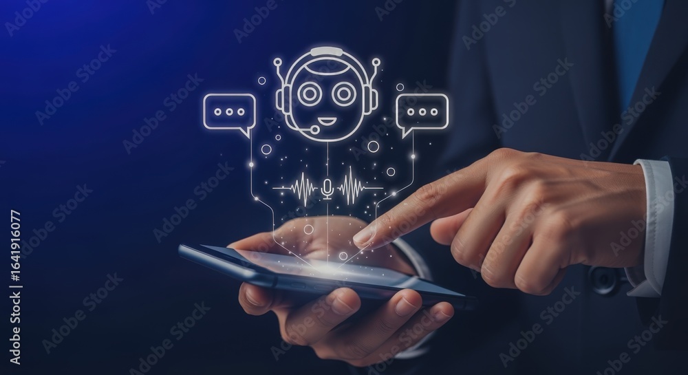 Poster ai-powered chatbot interface on mobile device, business person interacting with intelligent virtual 
