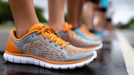 Close-up of vibrant orange running shoes at a marathon starting line with athletes in the background under a grey sky
