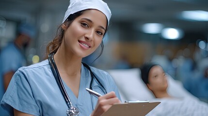 Nurse in blue scrubs stands by a sleeping patient, focused on taking notes while illuminated by warm cinematic lighting