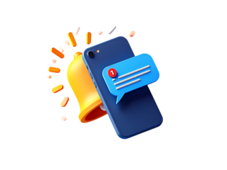 Dynamic 3D Smartphone Displaying a Notification Bell and a Message Bubble with Red Alert