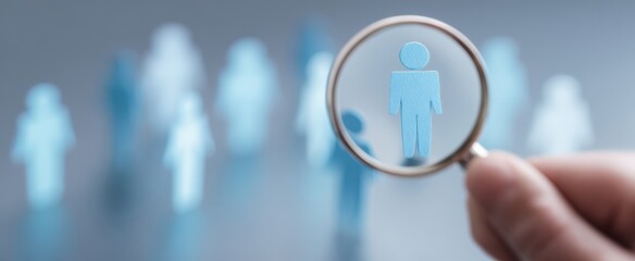 The Hand Holding a Magnifying Glass Over Human Figures in Blue