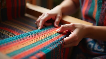 Artisan Hand Weaving Vibrant Multicolored Fabric – Traditional Textile Craftwork Close-Up