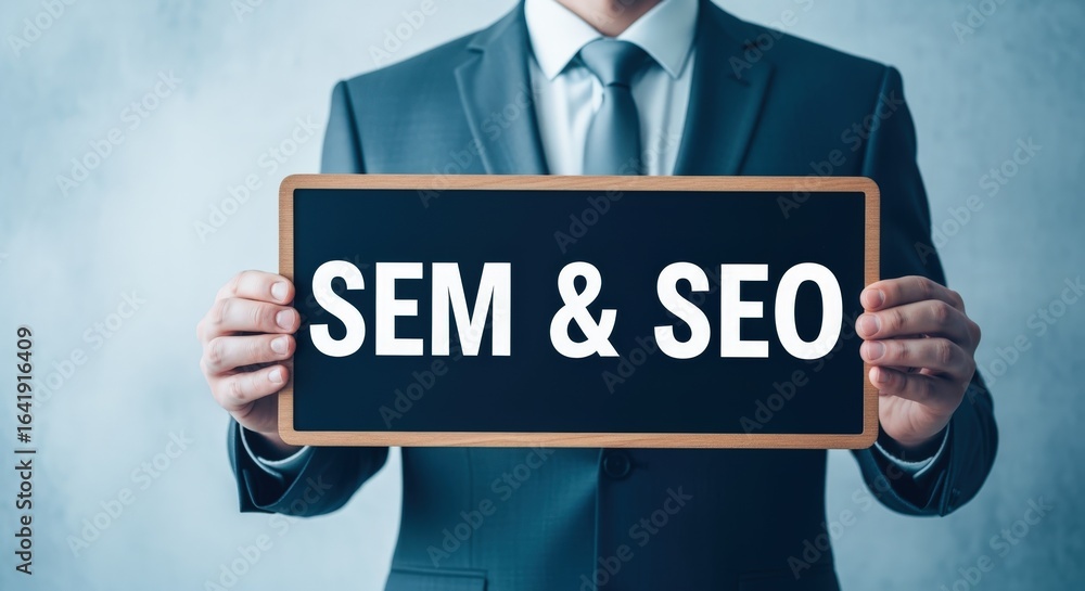 Poster business professional holding a sign displaying sem and seo, representing search engine marketing an