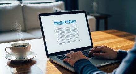 Privacy policy displayed on a laptop screen with a person typing and a cup of coffee