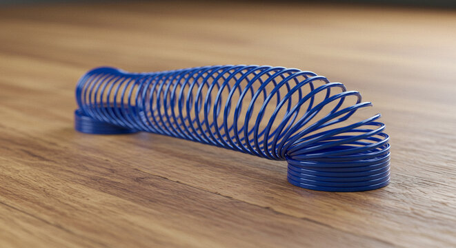 Spiral Slinky Toy Stretching and Bouncing on Wooden Surface