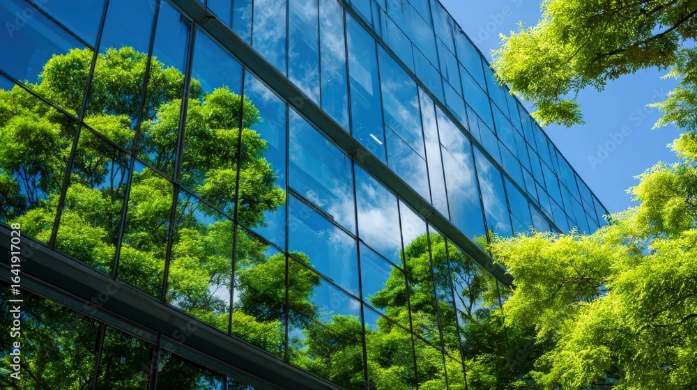 Aufkleber modern office building with green tree reflection, emphasizing sustainable architecture and environm