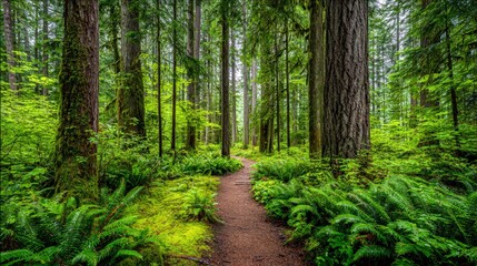Obraz premium Pathway Through a Verdant Forest: Natural Light Illuminating Tall Trees and Lush Ferns