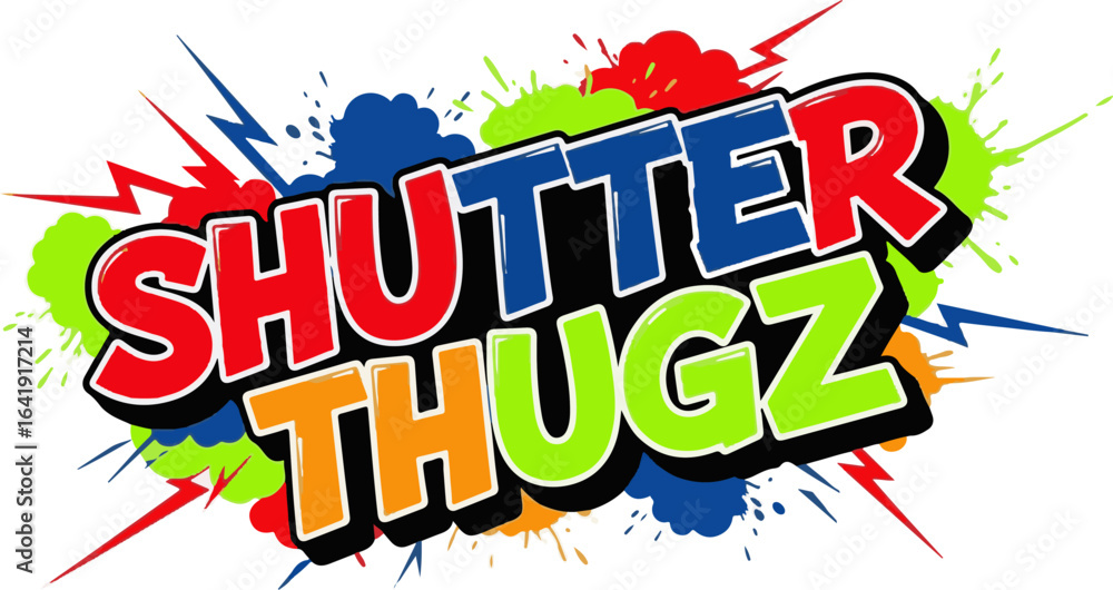 Poster vector art of shutter thugz text with colorful splash design isolated on white background