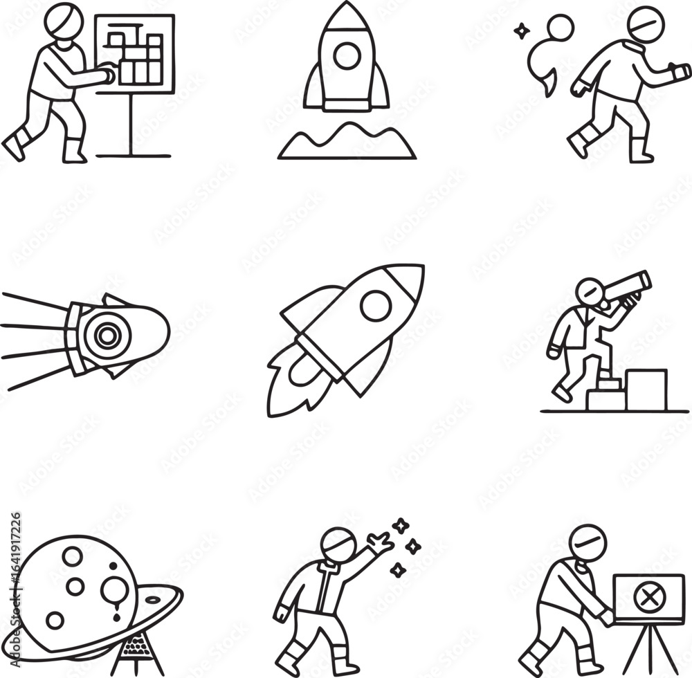 Poster set of space exploration and science fiction themed line art icons with astronauts and planets rocke