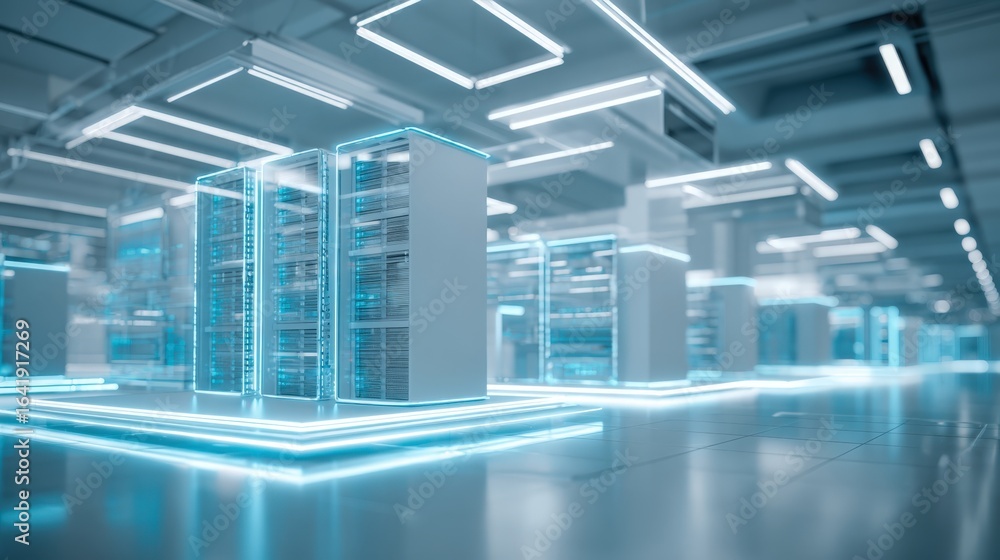 Poster data center with rows of server racks, futuristic technology and blue lighting design, modern it inf