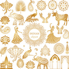 Indian Clipart Lotus mandala. Hindi ornament. Elephant, Dancers, Lotus, Henna Hands, Paisley, Temple