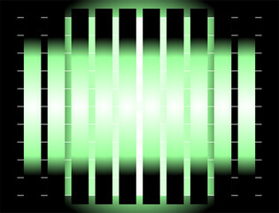 Futuristic neon green vertical grid bars with glowing edges and black gaps, creating a bold,...
