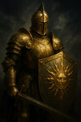 Medieval knight in ornate gold armor holding a shield with a sun emblem and a sword standing against a dark stormy background
