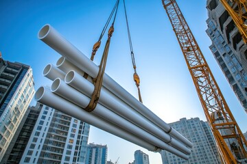 Construction Site: Crane Lifting Pipes Against Cityscape